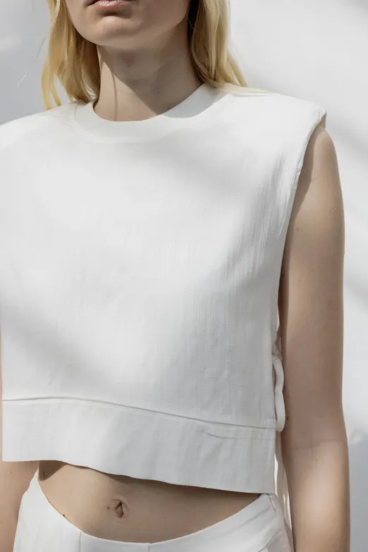 Bayan Ekru Yandan Bağcıklı Crop Keten Bluz - BSL