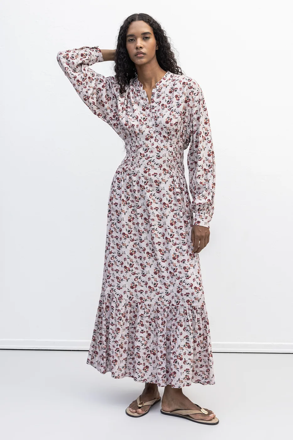 Bayan Pudra Yarım Patlı Fırfırlı Midi Elbise