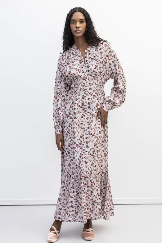 Bayan Pudra Yarım Patlı Fırfırlı Midi Elbise - BSL