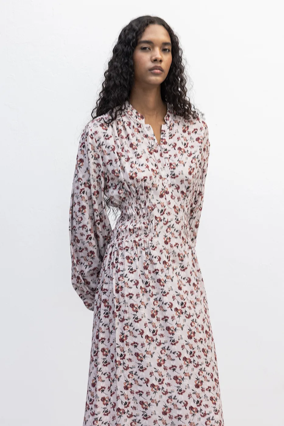 Bayan Pudra Yarım Patlı Fırfırlı Midi Elbise