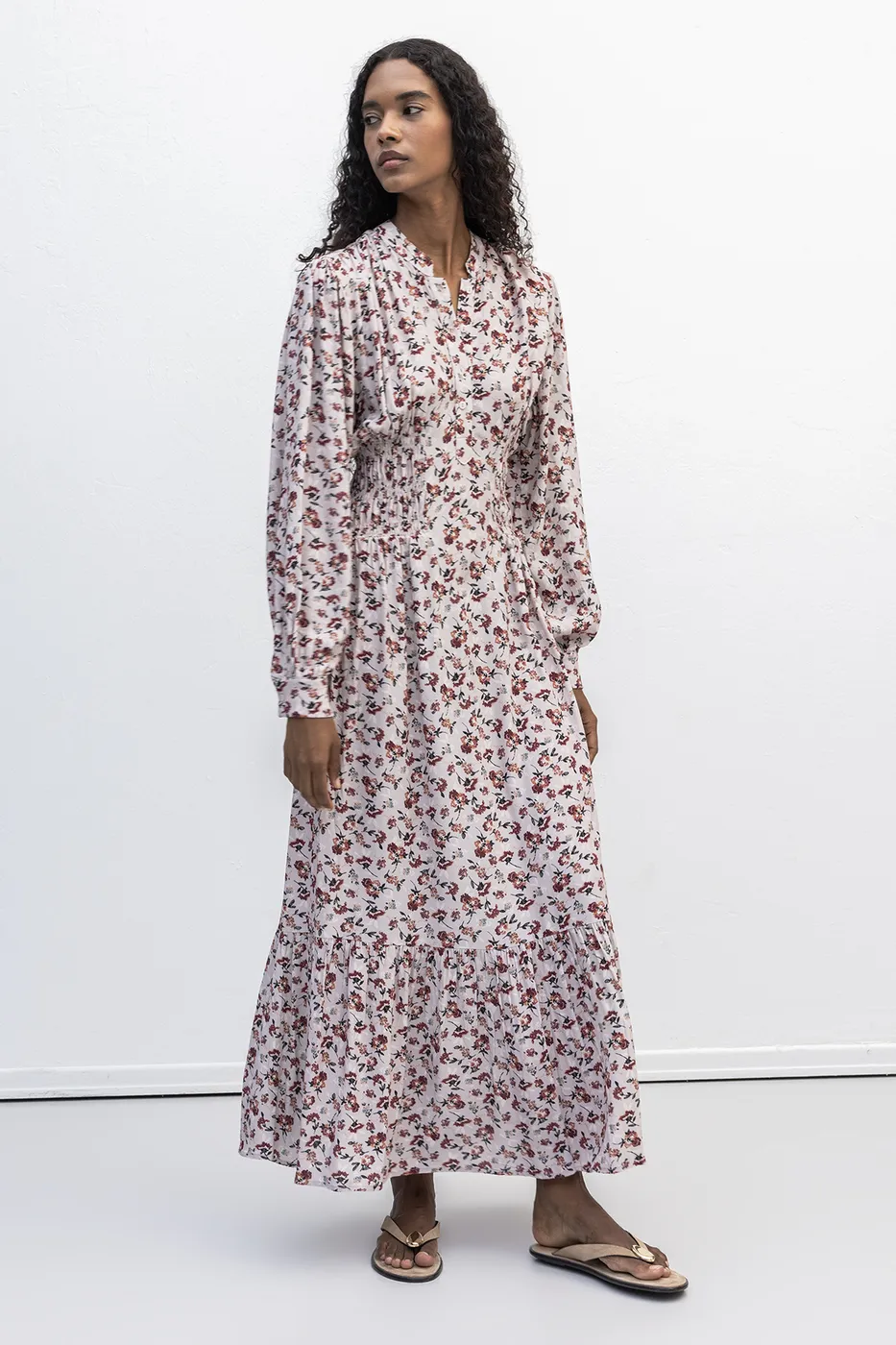 Bayan Pudra Yarım Patlı Fırfırlı Midi Elbise