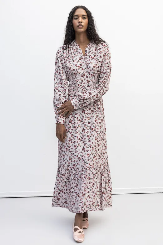 Bayan Pudra Yarım Patlı Fırfırlı Midi Elbise - BSL