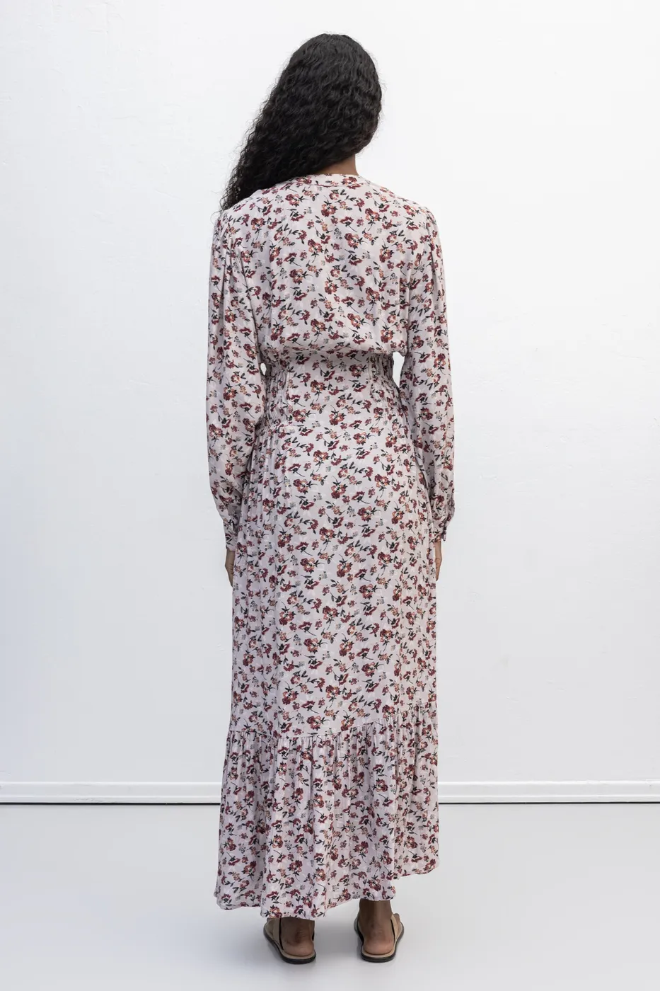 Bayan Pudra Yarım Patlı Fırfırlı Midi Elbise