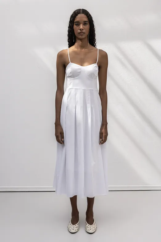 Bayan Beyaz Askılı Pile Detaylı Midi Cotton Elbise - BSL