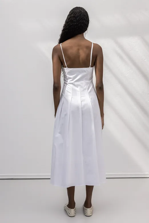 Bayan Beyaz Askılı Pile Detaylı Midi Cotton Elbise - BSL