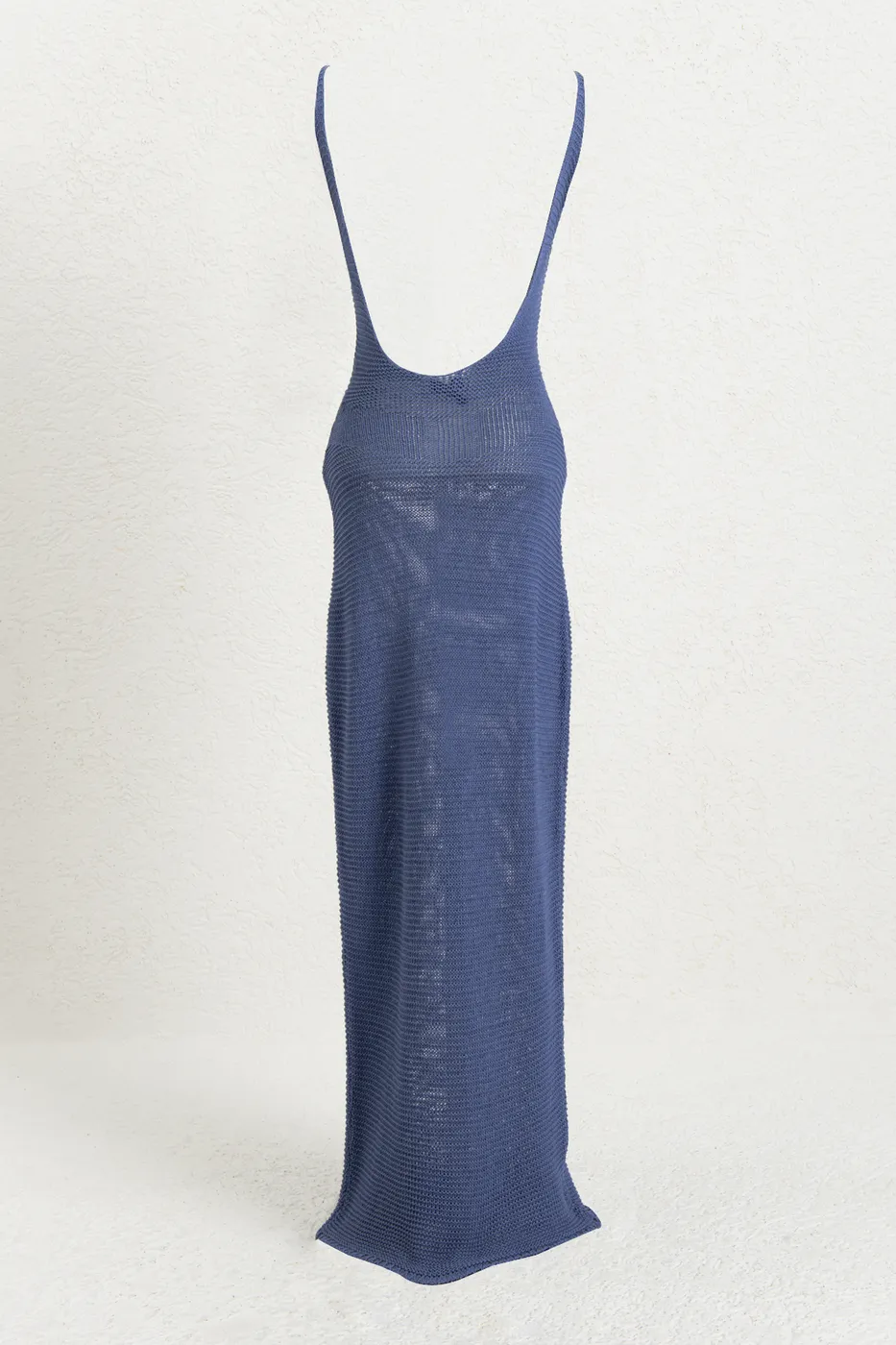 Bayan İndigo Askılı  Örme Midi Elbise