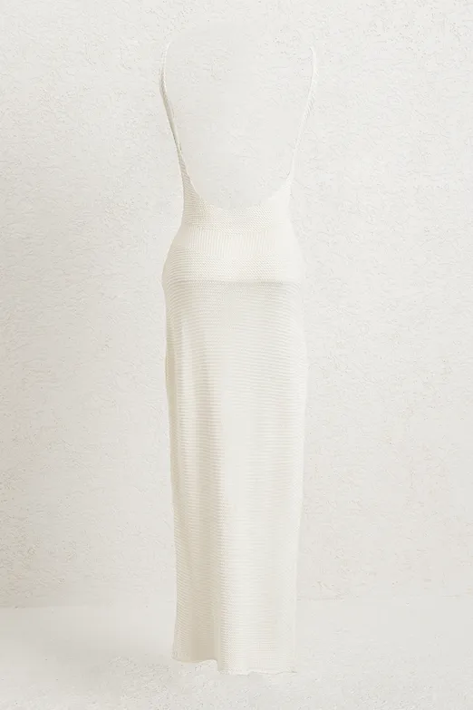 Bayan Beyaz Askılı  Örme Midi Elbise - BSL