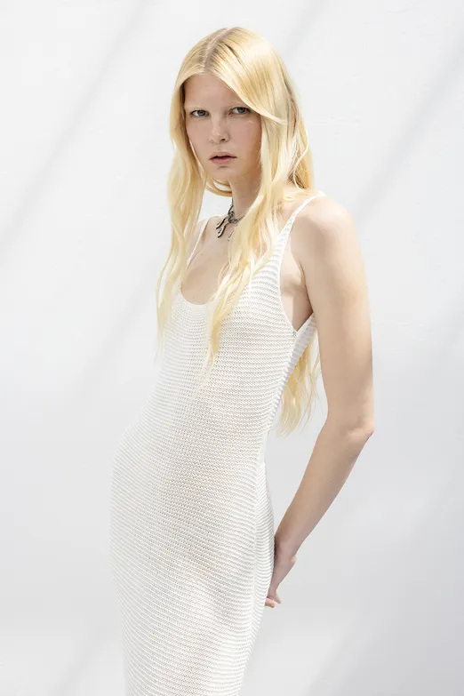 Bayan Beyaz Askılı  Örme Midi Elbise - BSL