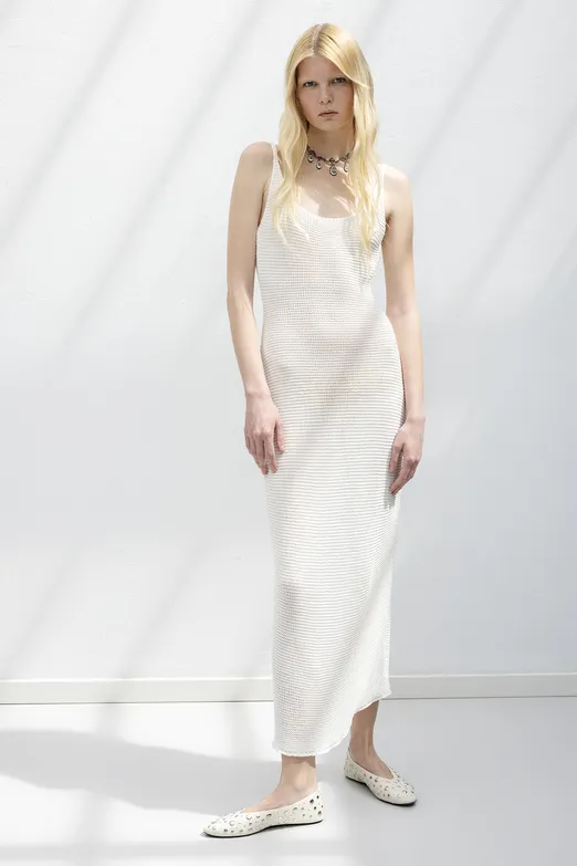 Bayan Beyaz Askılı  Örme Midi Elbise - BSL