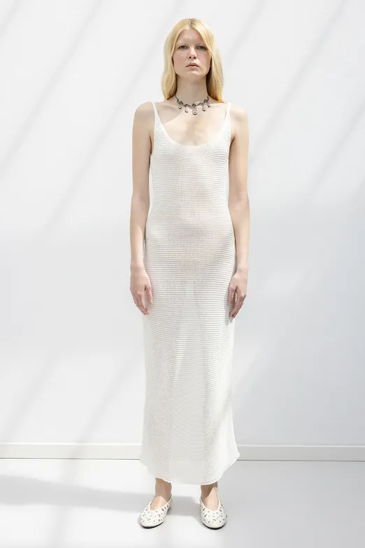 Bayan Beyaz Askılı  Örme Midi Elbise - BSL
