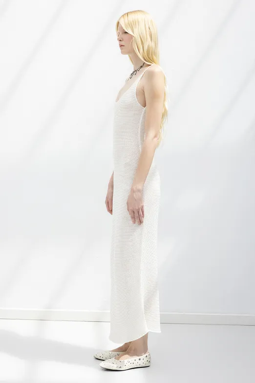Bayan Beyaz Askılı  Örme Midi Elbise - BSL