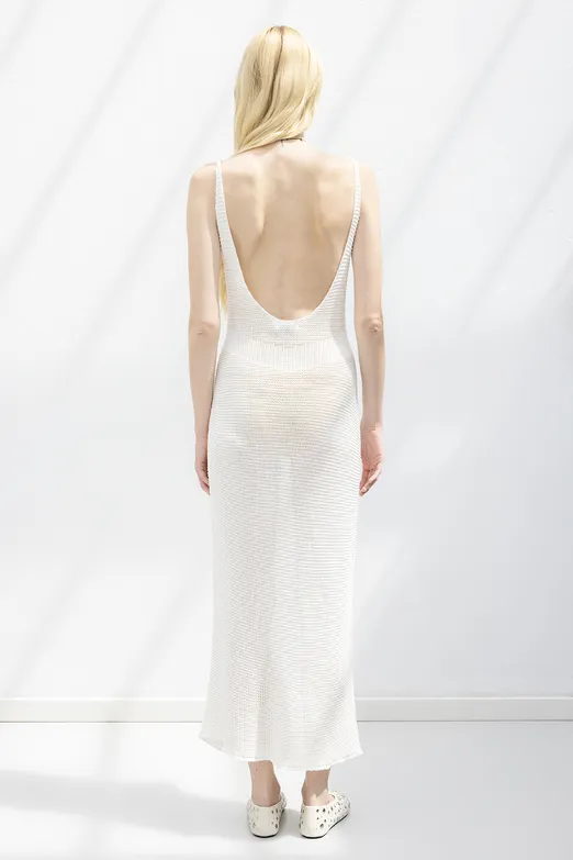 Bayan Beyaz Askılı  Örme Midi Elbise - BSL