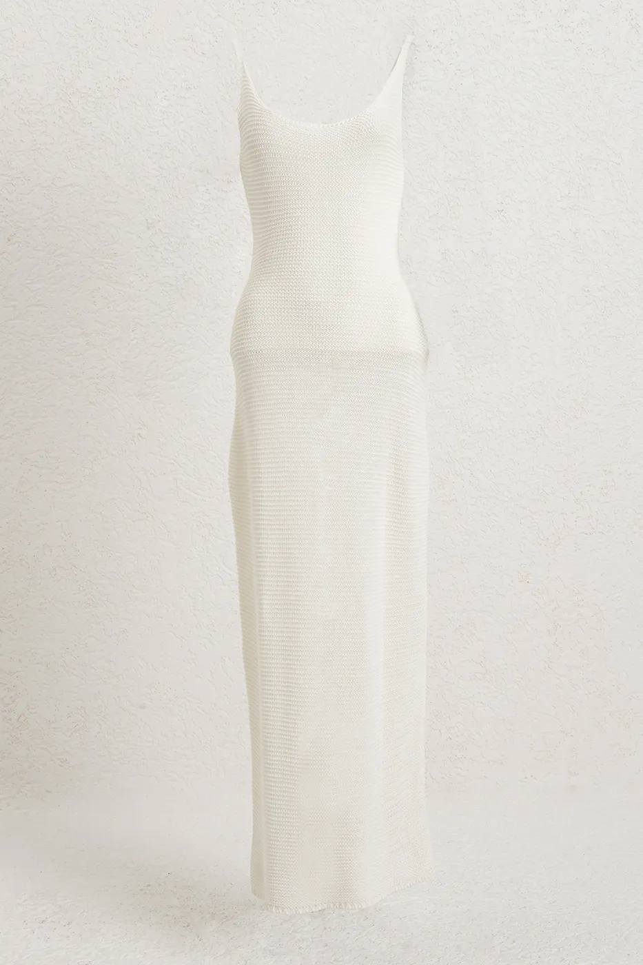 Bayan Beyaz Askılı  Örme Midi Elbise