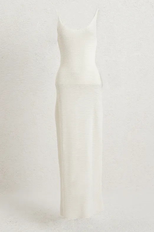 Bayan Beyaz Askılı  Örme Midi Elbise - BSL