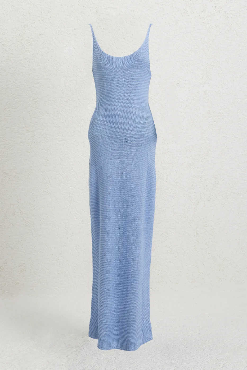 Bayan Mavi Askılı  Örme Midi Elbise