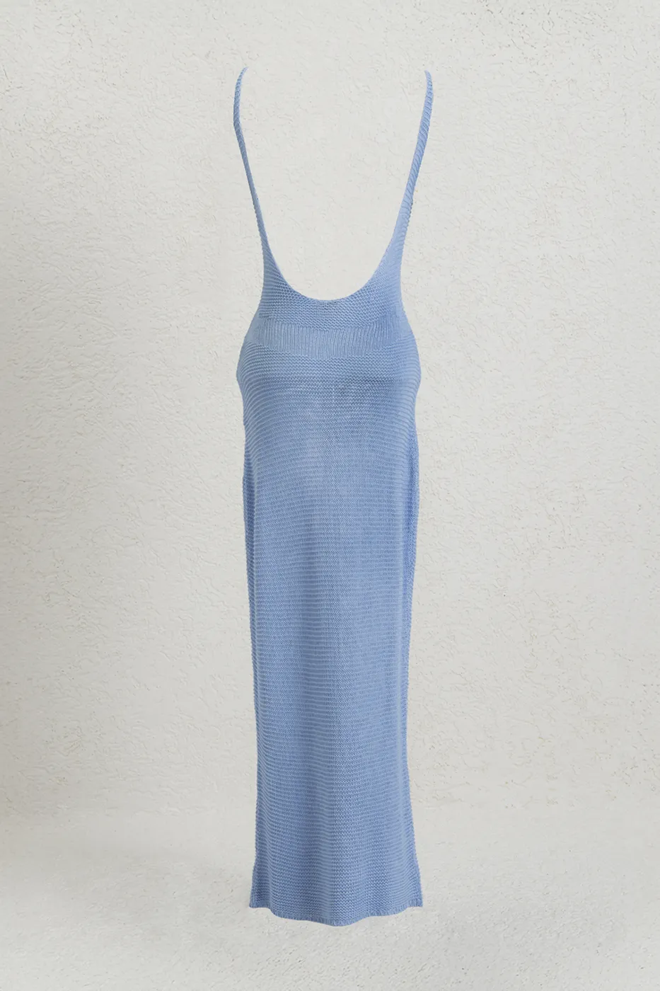 Bayan Mavi Askılı  Örme Midi Elbise