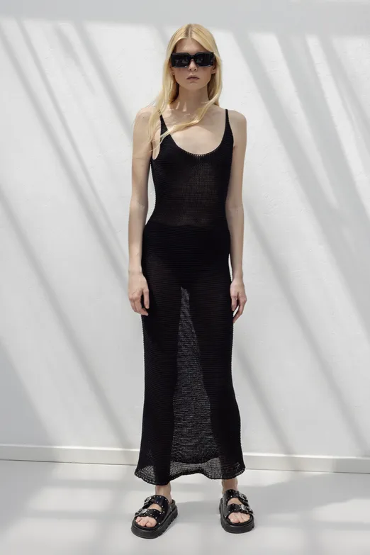 Bayan Siyah Askılı  Örme Midi Elbise - BSL