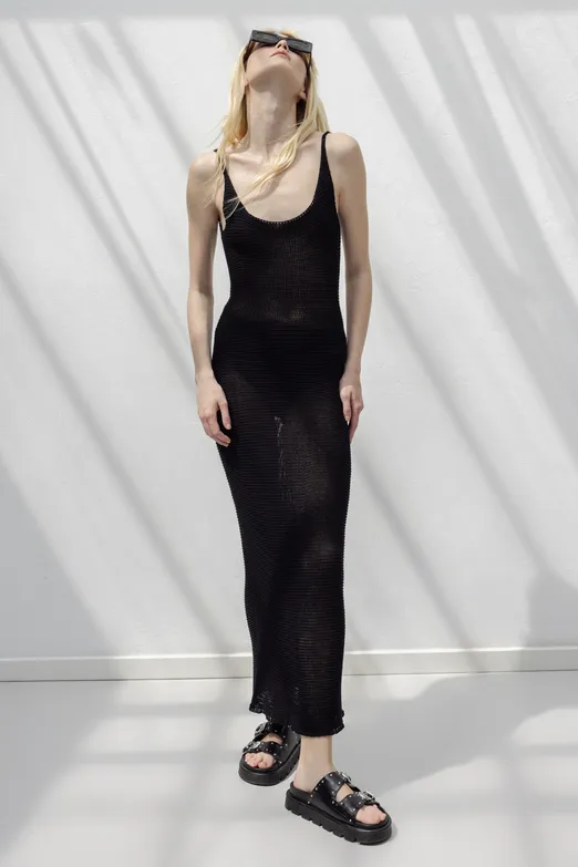 Bayan Siyah Askılı  Örme Midi Elbise - BSL