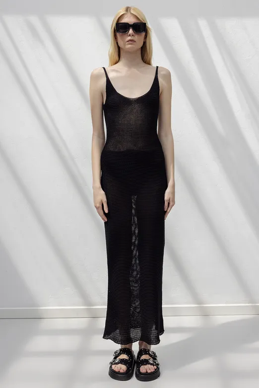 Bayan Siyah Askılı  Örme Midi Elbise - BSL