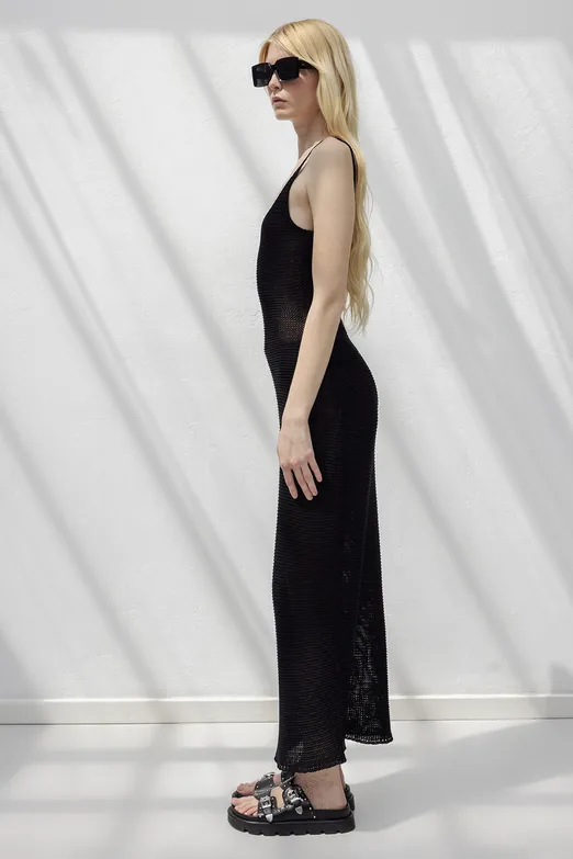 Bayan Siyah Askılı  Örme Midi Elbise - BSL