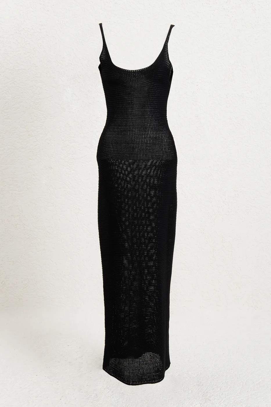 Bayan Siyah Askılı  Örme Midi Elbise