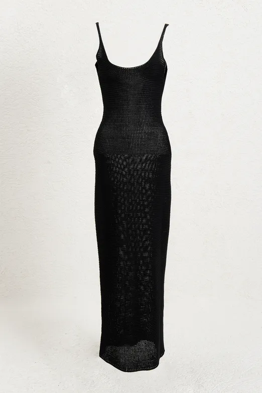 Bayan Siyah Askılı  Örme Midi Elbise - BSL