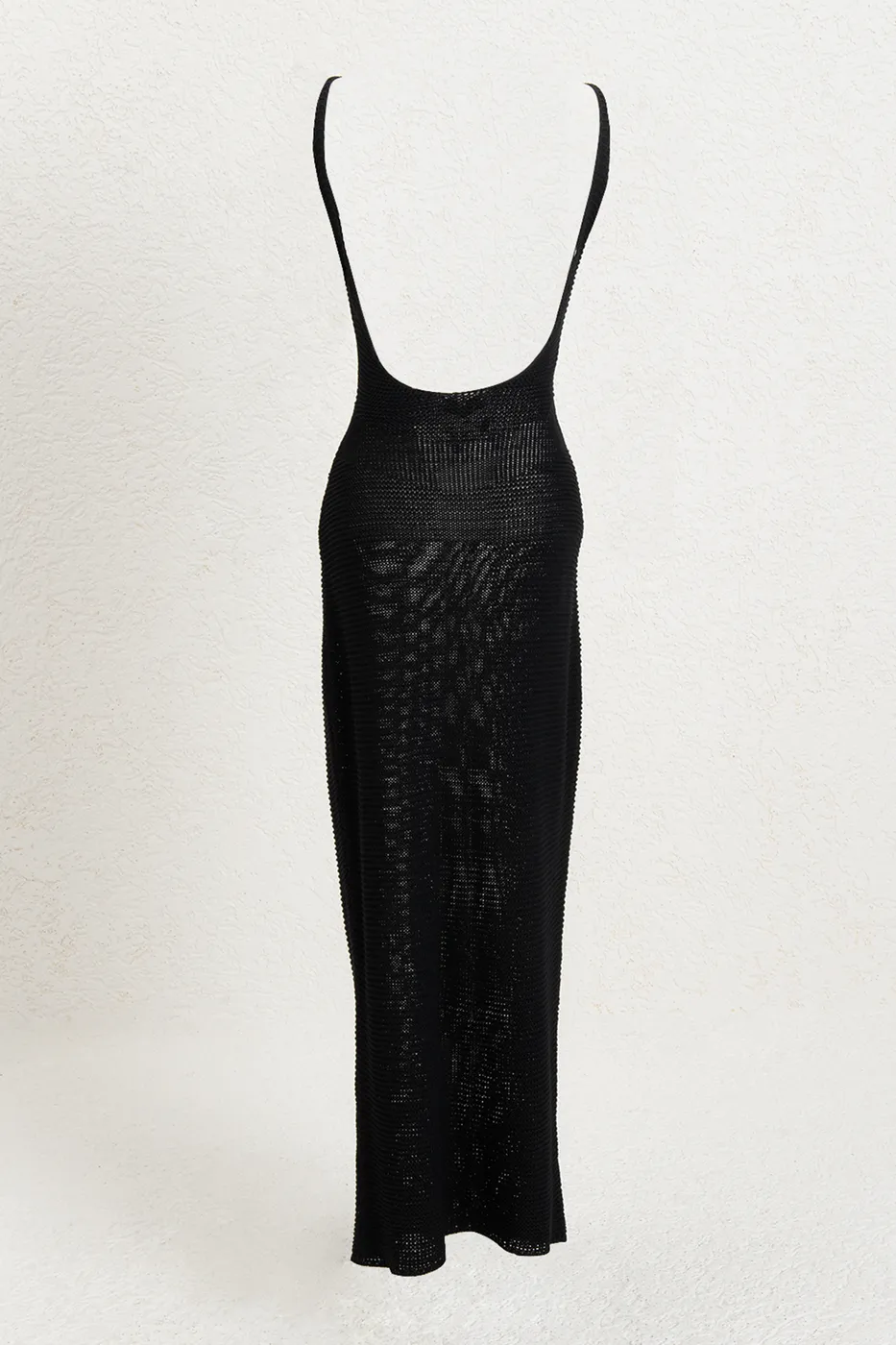 Bayan Siyah Askılı  Örme Midi Elbise