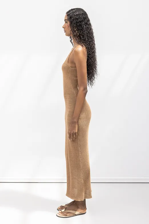 Bayan Kahverengi Askılı  Örme Midi Elbise - BSL