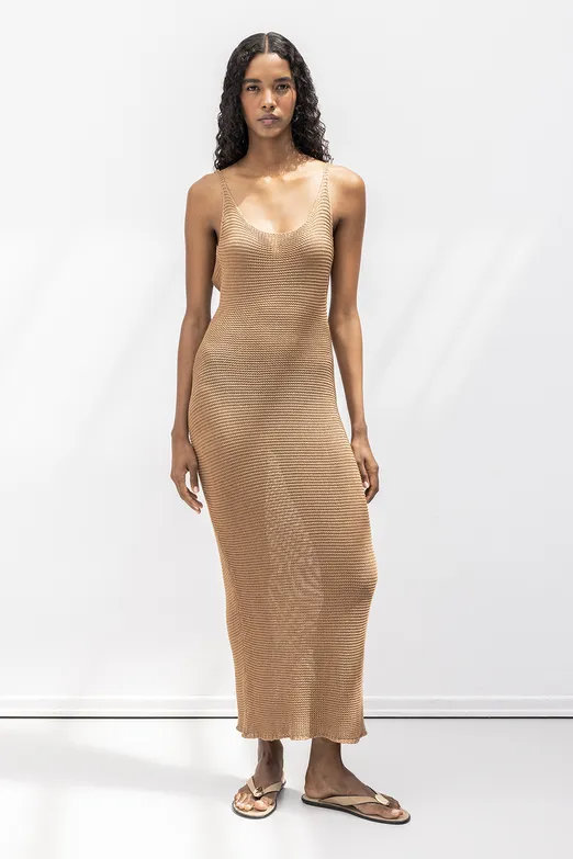 Bayan Kahverengi Askılı  Örme Midi Elbise - BSL