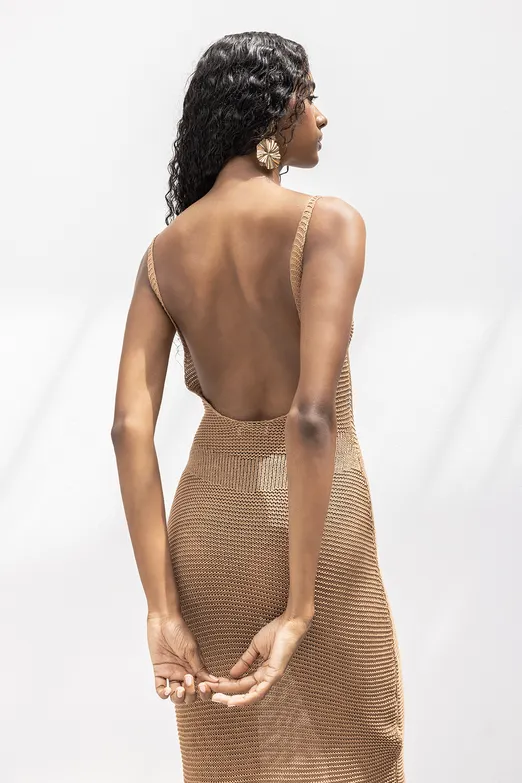 Bayan Kahverengi Askılı  Örme Midi Elbise - BSL