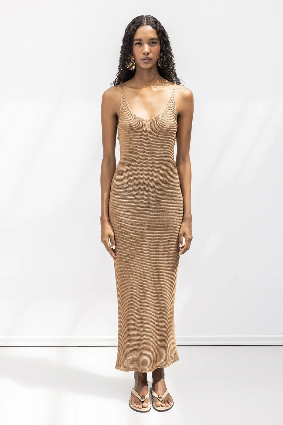 Bayan Kahverengi Askılı  Örme Midi Elbise