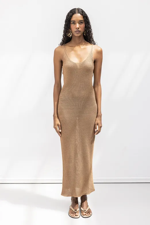 Bayan Kahverengi Askılı  Örme Midi Elbise - BSL