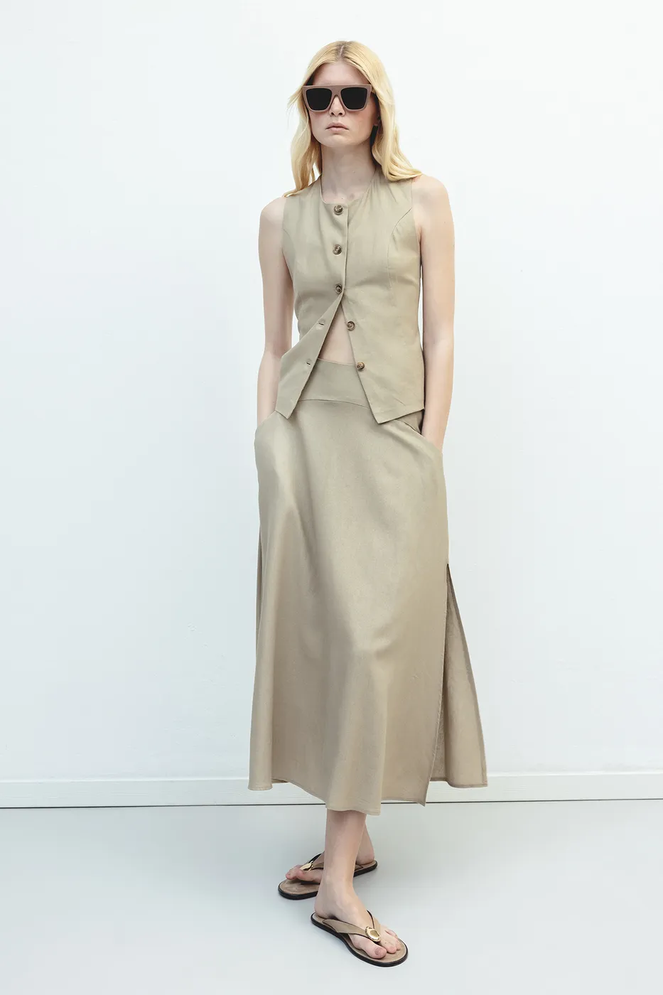 Bayan Bej Korsajlı Keten Midi Kloş Etek