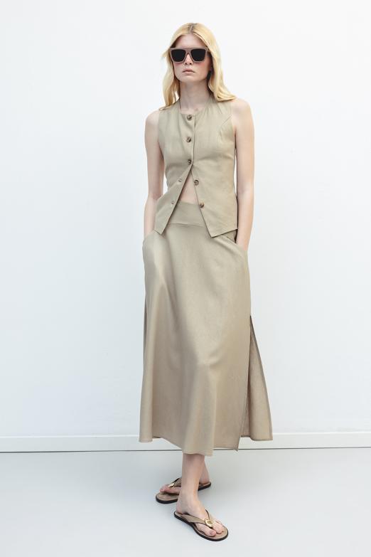 Bayan  Korsajlı Keten Midi Kloş Etek