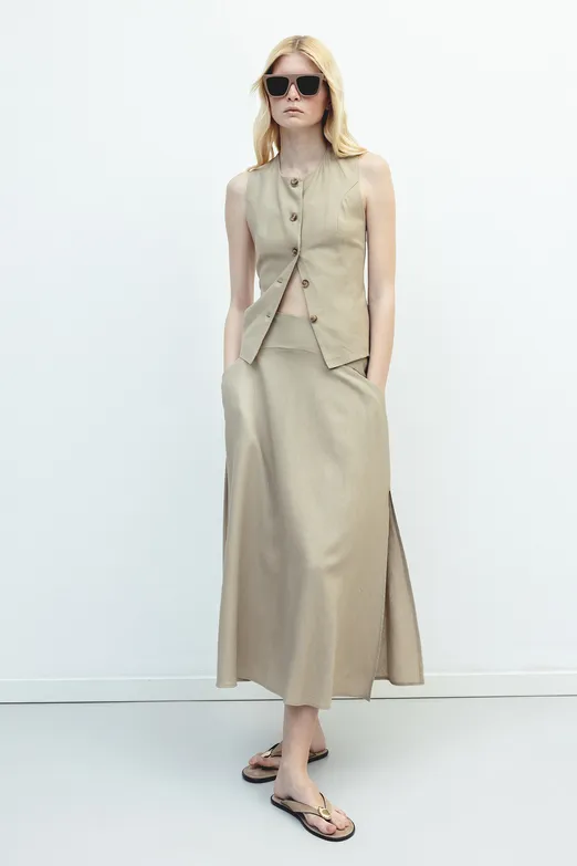 Bayan Bej Korsajlı Keten Midi Kloş Etek - BSL