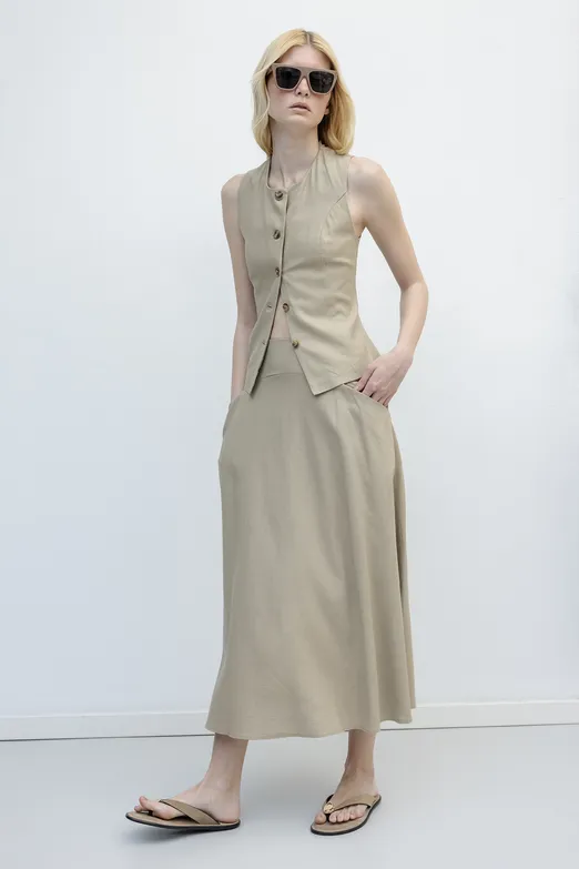 Bayan Bej Korsajlı Keten Midi Kloş Etek - BSL