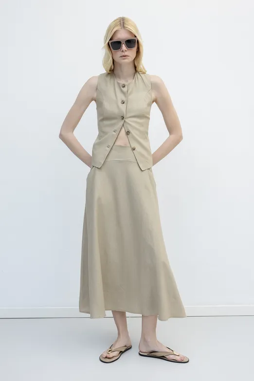 Bayan Bej Korsajlı Keten Midi Kloş Etek - BSL