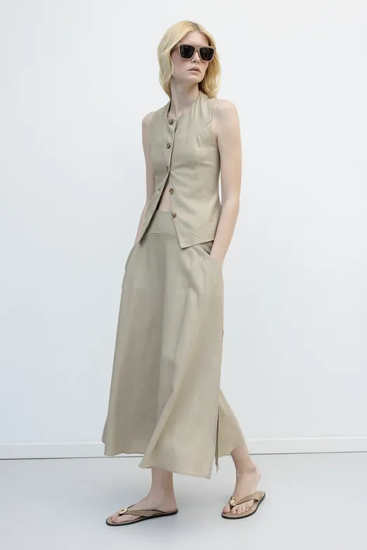 Bayan Bej Korsajlı Keten Midi Kloş Etek - BSL