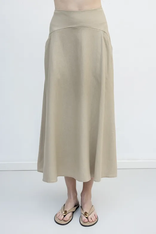 Bayan Bej Korsajlı Keten Midi Kloş Etek - BSL