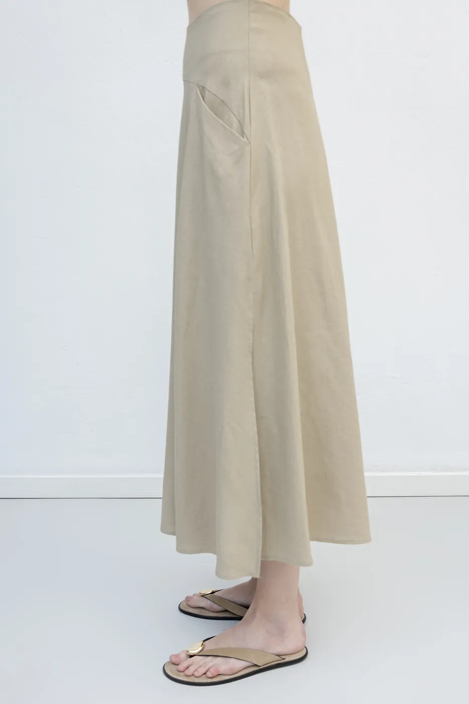 Bayan Bej Korsajlı Keten Midi Kloş Etek