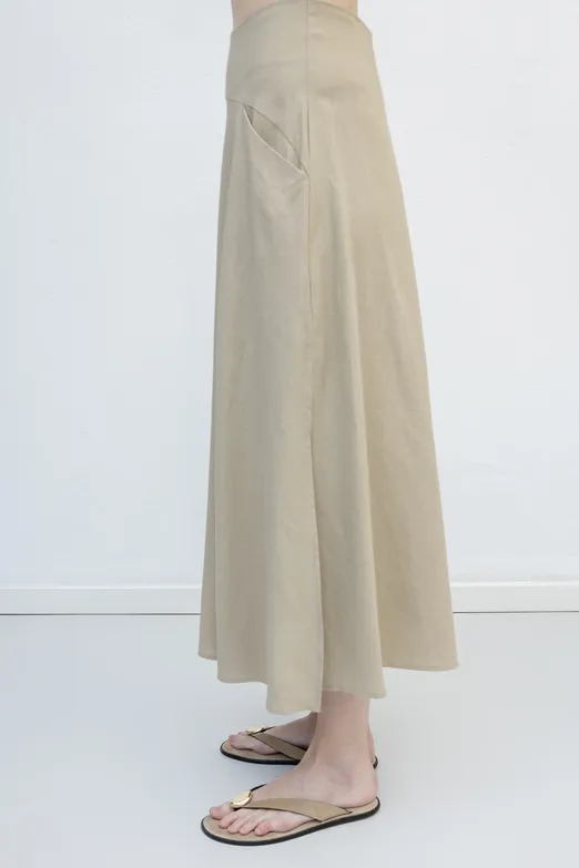 Bayan Bej Korsajlı Keten Midi Kloş Etek - BSL