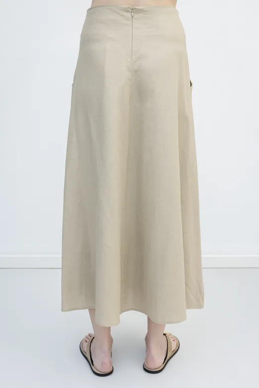 Bayan Bej Korsajlı Keten Midi Kloş Etek - BSL