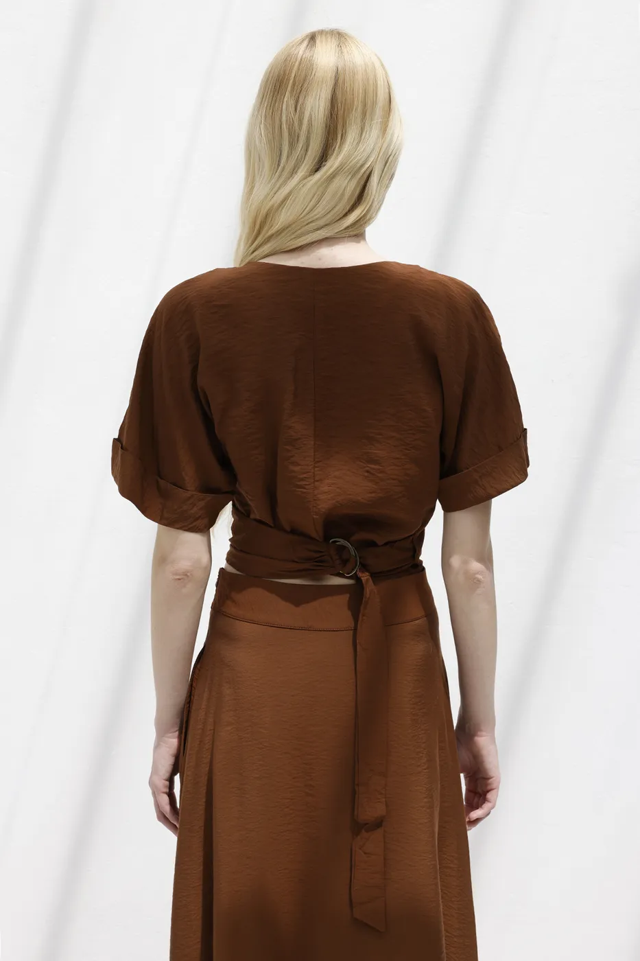 Bayan Kahverengi Kruvaze Kapama Bağlamalı Bluz