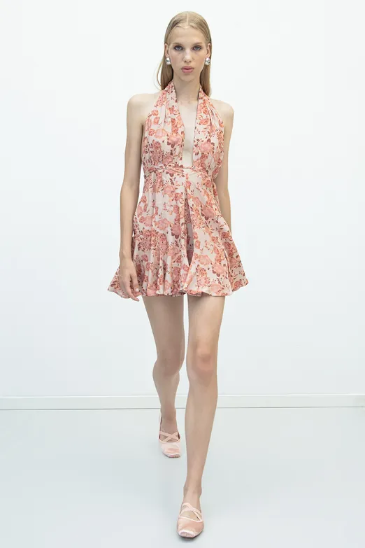 Bayan Pudra Volanlı Etek Detaylı Mini Elbise - BSL