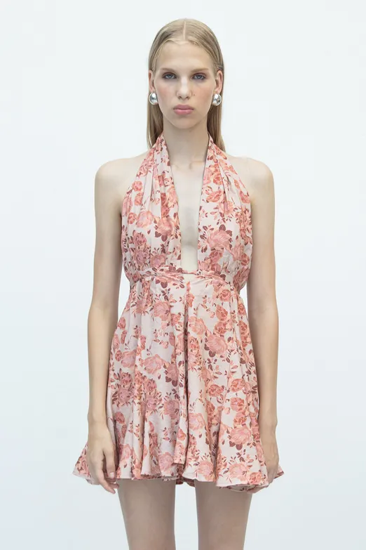 Bayan Pudra Volanlı Etek Detaylı Mini Elbise - BSL