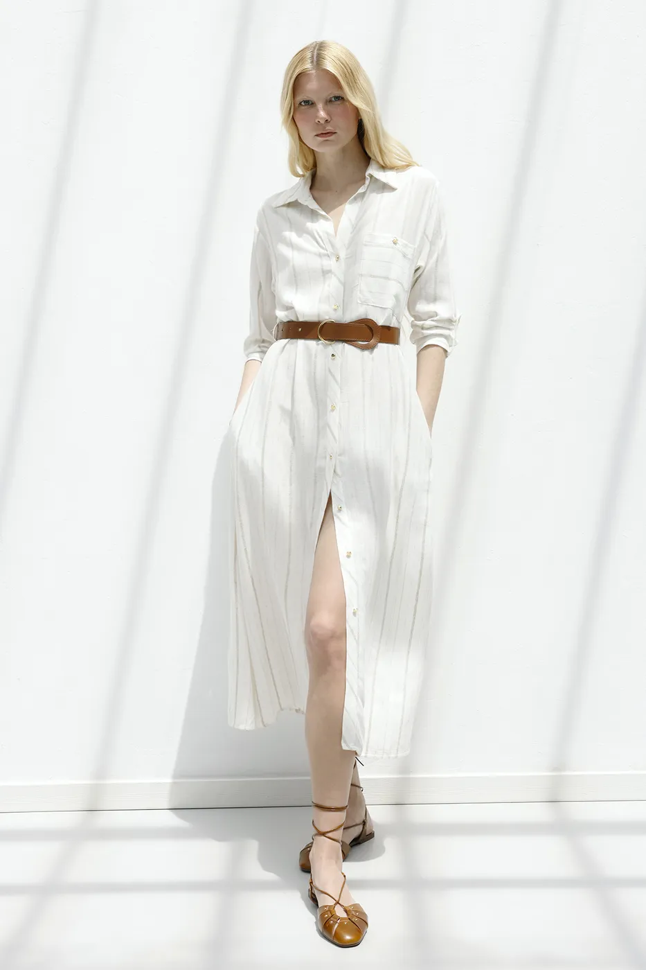 Bayan Ekru Keten Karışımlı Gömlek Elbise