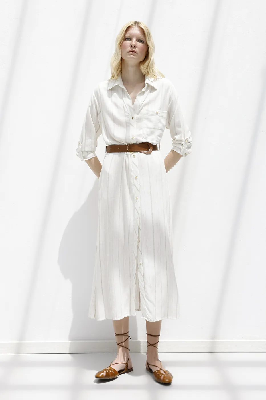 Bayan Ekru Keten Karışımlı Gömlek Elbise