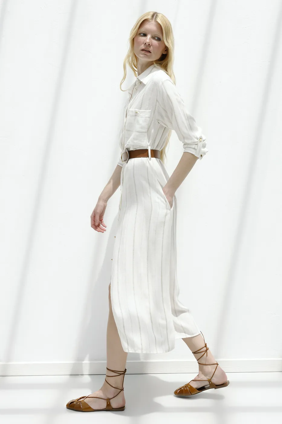 Bayan Ekru Keten Karışımlı Gömlek Elbise