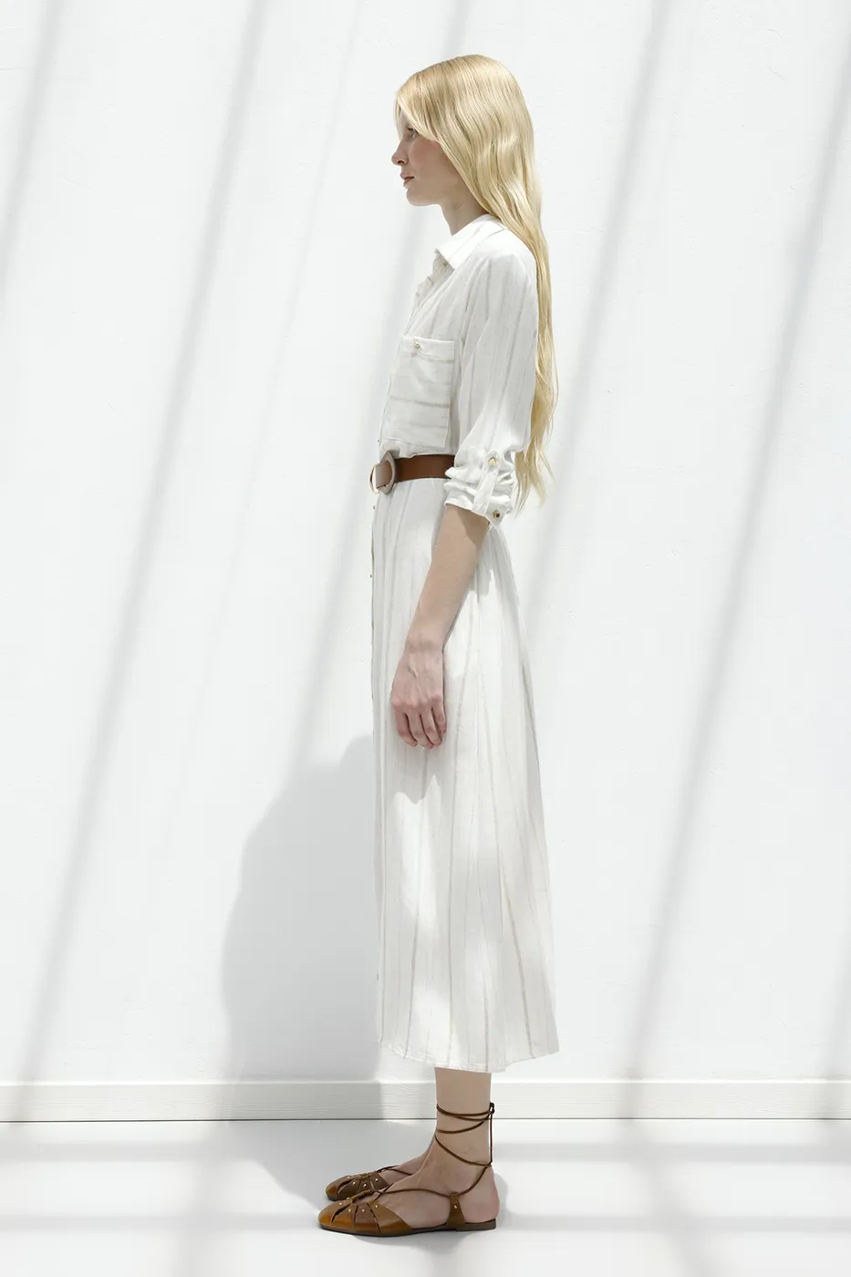 Bayan Ekru Keten Karışımlı Gömlek Elbise