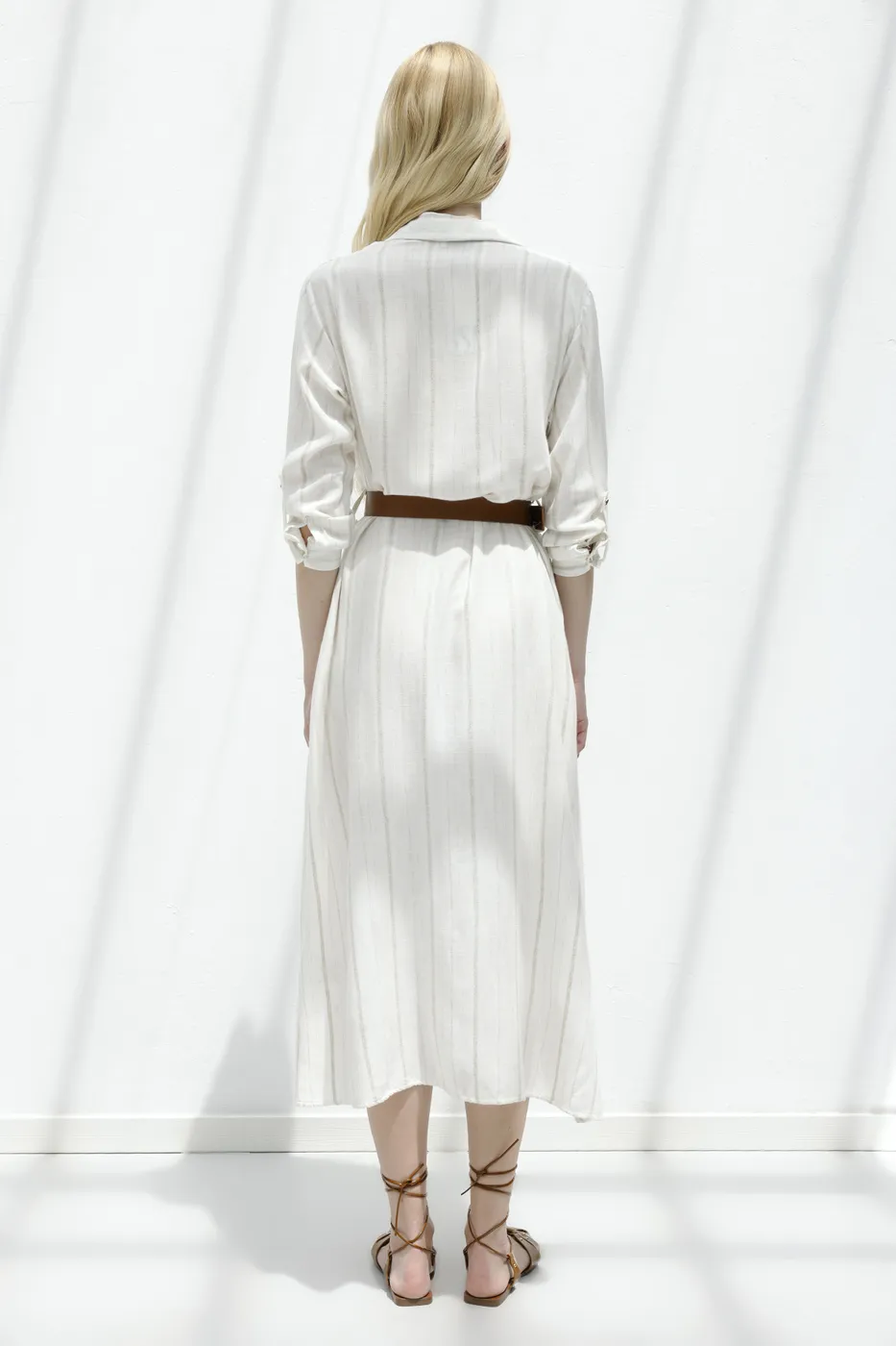 Bayan Ekru Keten Karışımlı Gömlek Elbise